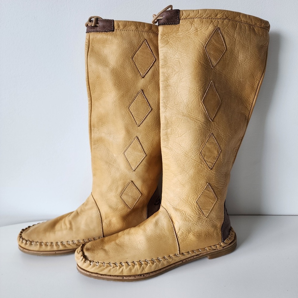 Soft Moc Knee High Boots Womens 39 / 8-8.5 Tan Leather Flat Tall Spain Moccasin